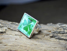 Four Leaf CLOVER Ring - adjustable Good Luck, handmade, resin