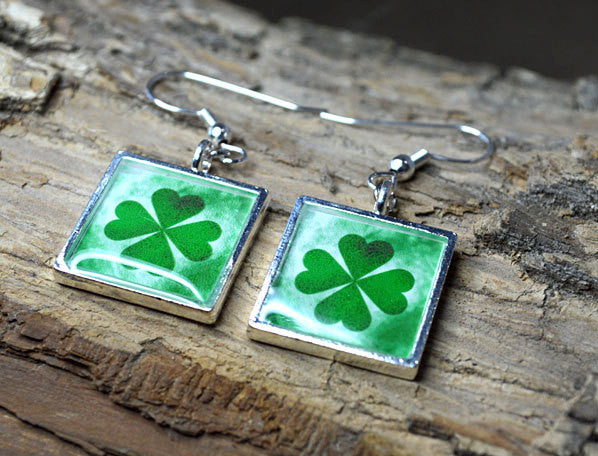 Four Leaf CLOVER Earrings -  Handmade Green Dangle Earrings Good Luck