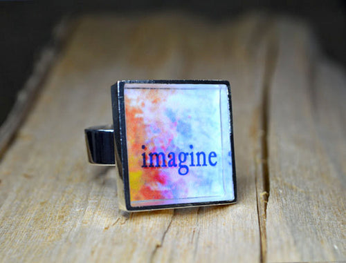 IMAGINE - Inspirational Word Art Ring, handmade #6006