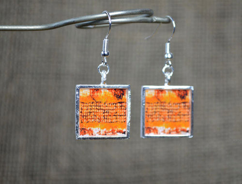 ORANGE Dangle Earrings, handmade Resin Art Jewelry, square