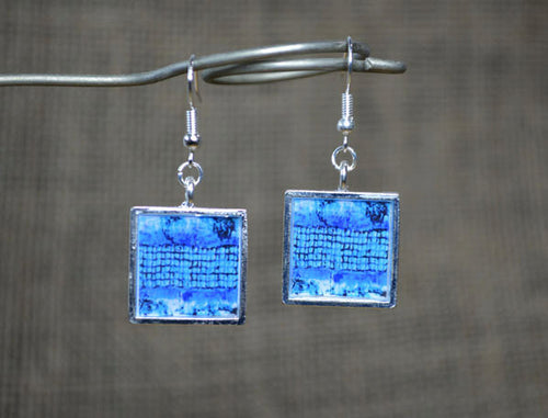 BLUE Modern Art Dangle Earrings square, handmade