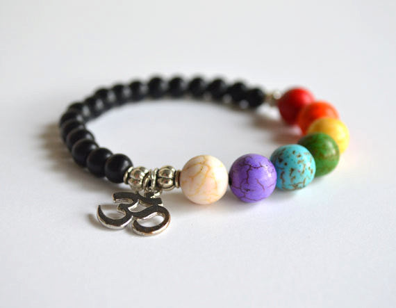 OM 7 CHAKRAS - Chakra Yoga Bracelet with Black Beads - Spiritual Gift, Namaste, Om Jewelry