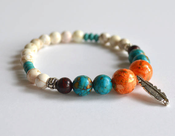 FEATHER Charm Beads Bracelet - Orange Turquoise White, handmade gifts