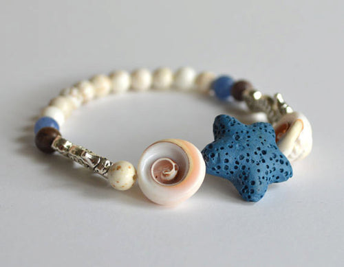 STAR FISH & SEA HORSE Beads Bracelet - White Shells, beach theme, summer gift