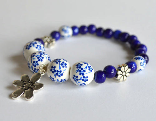 BLUE FLOWERS - Handmade Bracelet, Blue & White Beads