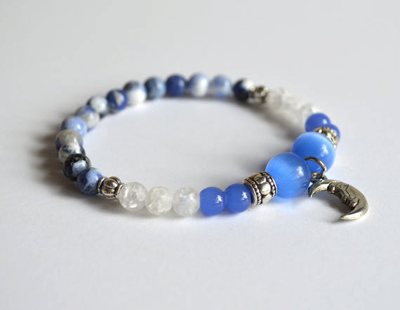 Moon Goddess Bracelet - Blue & White Beads - Gifts for Her, Moon Jewelry 6