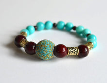 TURQUOISE BEADS Bracelet w Gold Accents, handmade