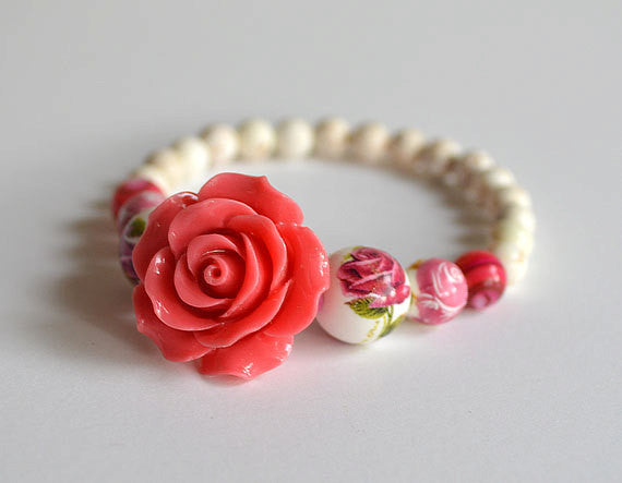 Red Rose Flower Black Beads Beaded Bracelet Adjustable Hand - Temu