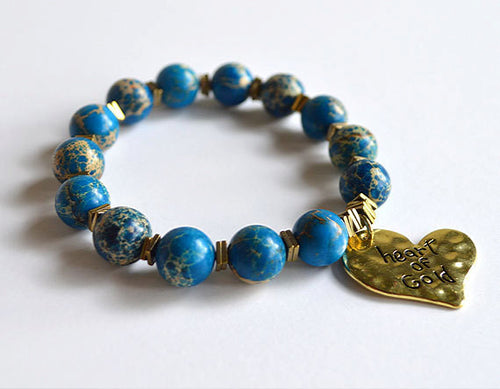 HEART OF GOLD - Blue Jasper Beads Bracelet with Heart Charm