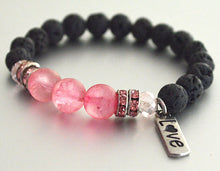 LOVE Lava Beaded Diffuser Bracelet Black w Pink Accent Beads & Rhinestones, stretchy beaded bracelet