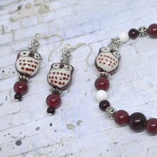 OWLS Beaded Bracelet-Earrings Set - Red-Brown-Silver-Toned