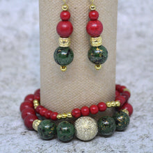 RED GREEN GOLD-Toned Beaded Bracelets-Earrings Set