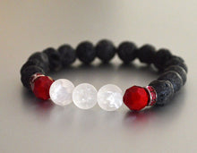 LAVA Beaded Diffuser Bracelet Black w White & Red Accent Beads & Pink Rhinestones, stretchy