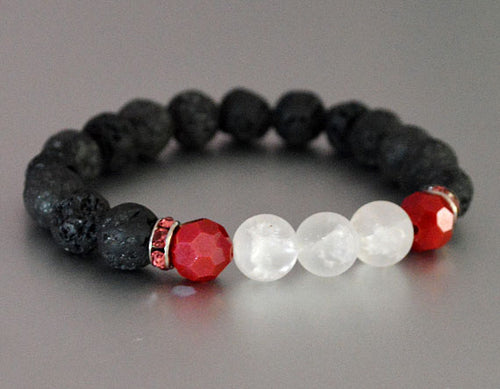 LAVA Beaded Diffuser Bracelet Black w White & Red Accent Beads & Pink Rhinestones, stretchy