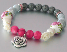 ROSES Bracelet w Pink, Gray, White, Rhinestone Beads - Roses Jewelry Flowers