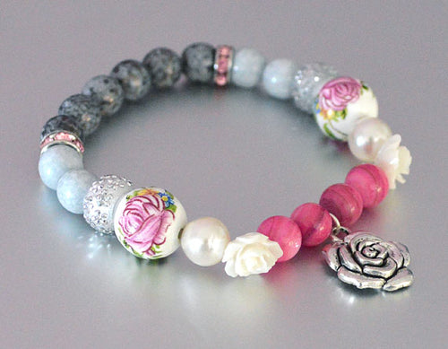 ROSES Bracelet w Pink, Gray, White, Rhinestone Beads - Roses Jewelry Flowers