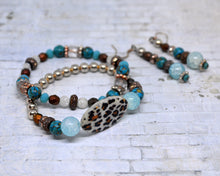 LEOPARD Shell Turquoise Rose-Gold Toned Beaded Bracelet-Earrings Set