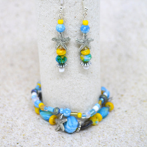 Ocean Beach STARFISH Beaded Bracelet-Earrings Set Aqua Blue Yellow