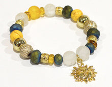 SUN Charm Bracelet - Sunny yellow gold blue-green Stretch Beaded Bracelet Summer Gifts for her